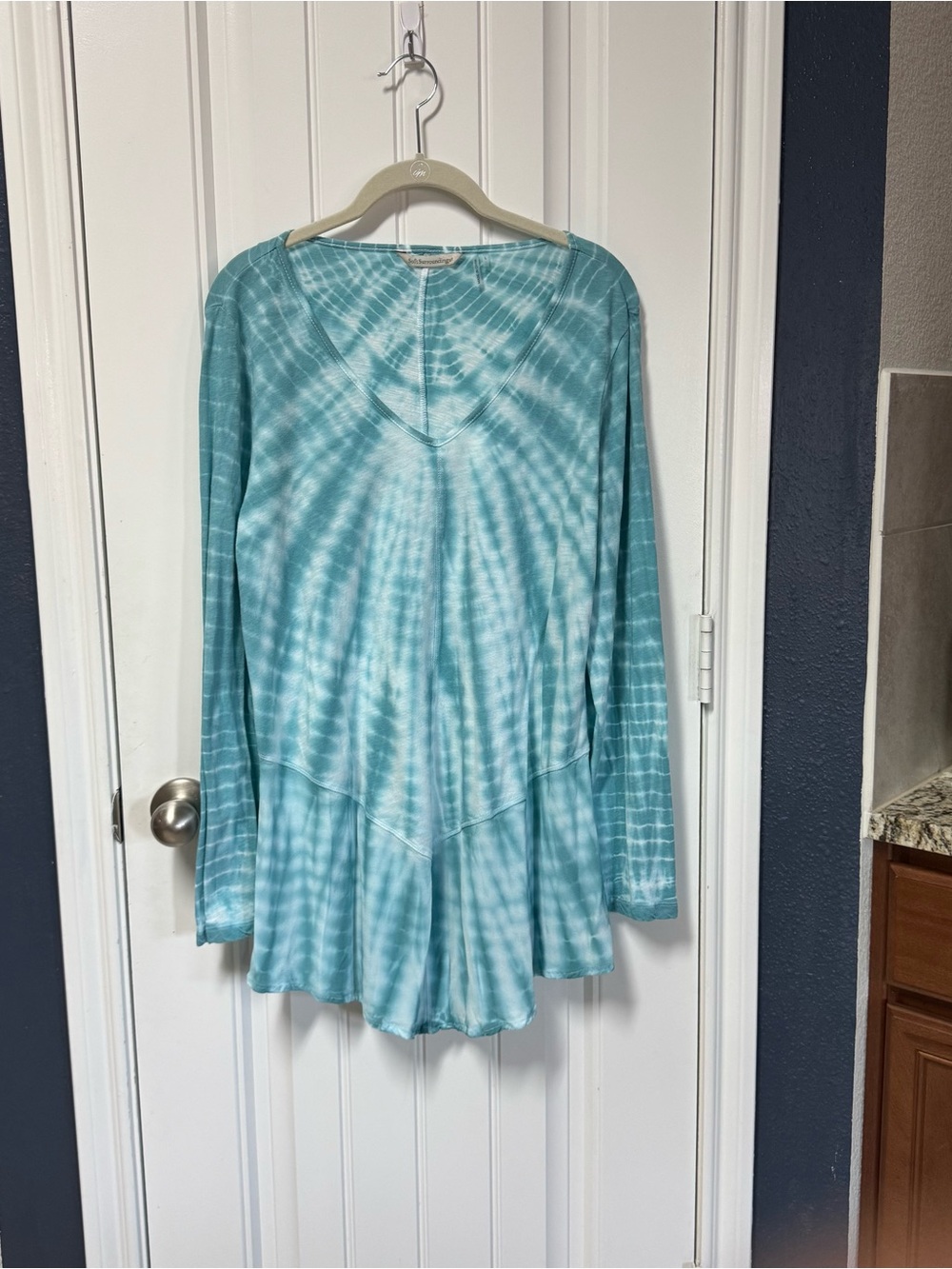 Soft Surroundings Tie Dye Tunic Long Sleeve V Neck Turquoise Peplum Boho Size L